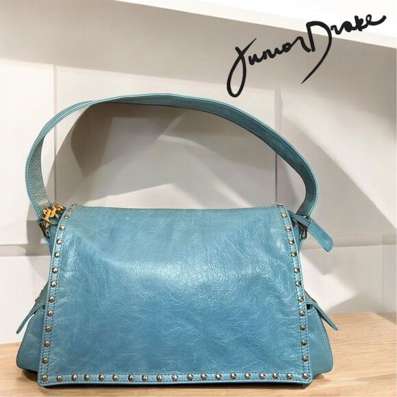 Junior Drake Handbags - Junior Drake Aqua Pearl Leather Gold Stud Magnetic Zipper Closure Shoulder Bag